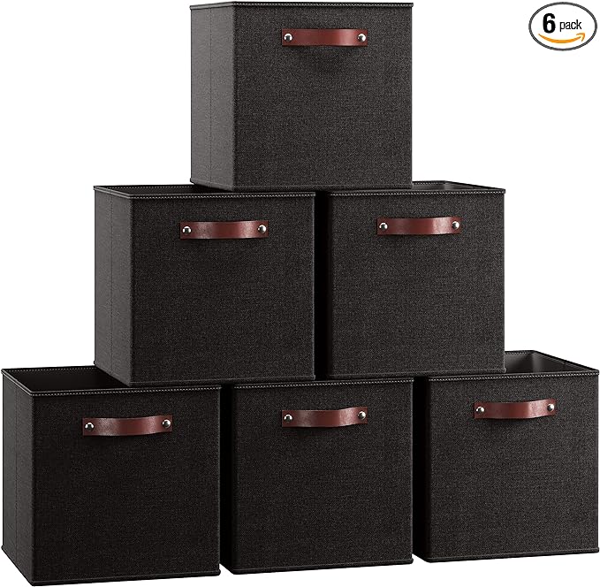 Ornavo Home 11x11 Foldable Fabric Storage Cube Bins, 6 Pack, Black | Collapsible Linen Shelf Basket Organizer; Leather Handles; Ideal Cube Storage For Closet