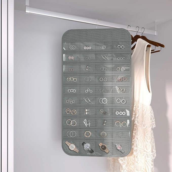 Double-Sided Hanging Jewelry Organizer for Necklaces Earrings, 2-Pack, Grey | Foldable 36 hooks & 40 clear pockets; swivel hook fits walls, doors & rods for earrings, bracelets, rings & small jewelry