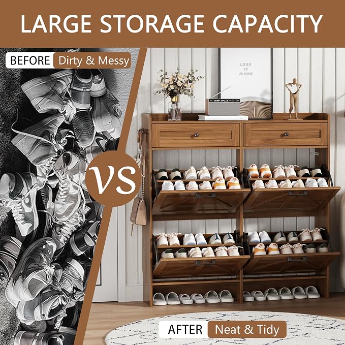 Shoe Cabinet with 4 Flip Drawers & 2 Top Drawers, 43" Tall Freestanding Narrow Wooden Shoe Storage Organizer for Entryway, Hidden Slim Shoe Rack for Front Door Entrance, Hallway, Living Room, Walnut