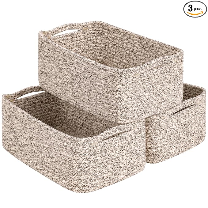 Goodpick Storage Baskets, 13 x 8 x 5 in, Closet Shelf Organizers for Gifts Empty Baskets for Shelves Dog Toy Basket Woven Baskets for Storage for Towels for Organizing 3 Pack, White & Brown