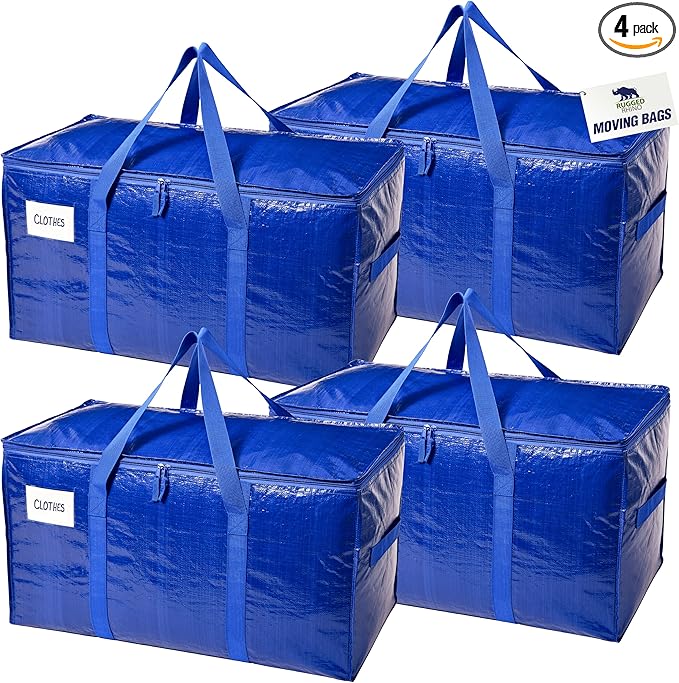 RUGGED RHINO 4 Pack Heavy Duty Extra Large Blue Moving Bags, Durable Bag with Strong Handles and Zipper, Moving Boxes Alternative for College Packing, Holiday Décor, Space Saving Storage with Label