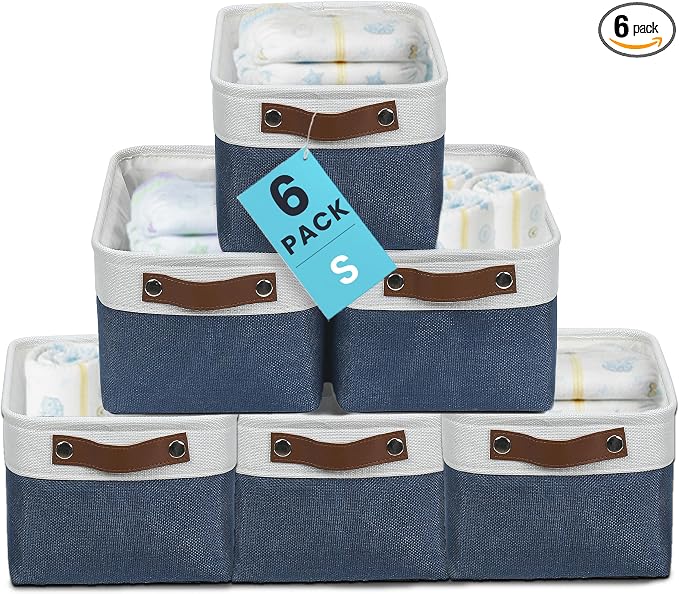OrganiHaus 12x8in Canvas Storage Baskets 6 Pack | SMALL Fabric Bins for Shelves | Pantry & Bathroom Organizer | Navy Blue/Off-White