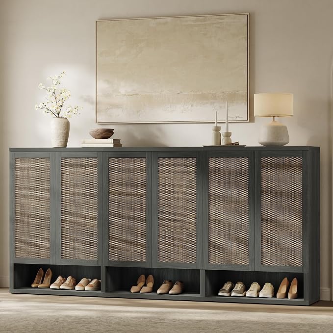 SICOTAS 65.6" Wide Rattan Shoe Storage Cabinet for Entryway with Doors | Rattan Shoe Cabinets with Doors, Space Saving Free Standing Tall Shoe Cabinet Storage Organizer for Entryway, Hallway, Home