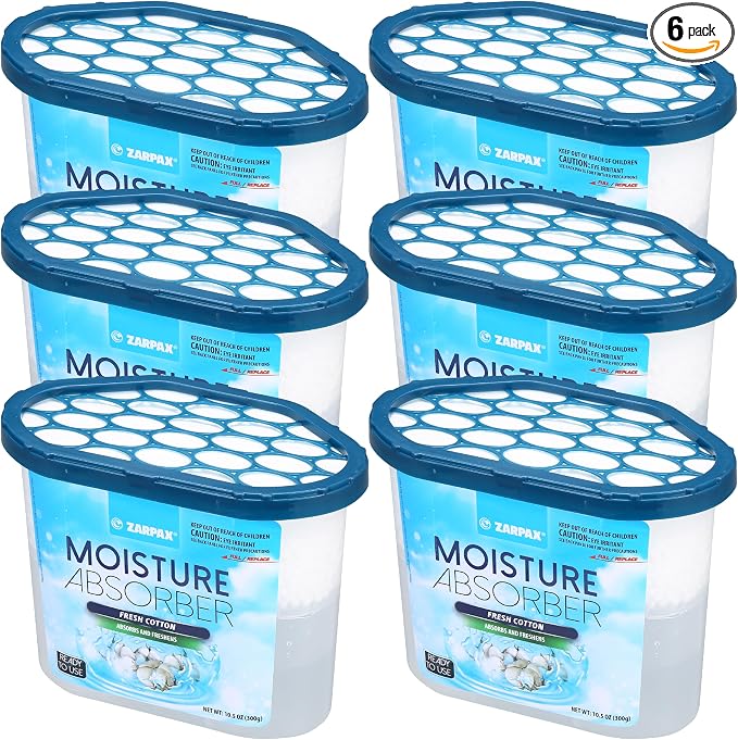 ZARPAX Moisture Absorber Fresh Cotton 10.5 oz/300g | Removes Moisture, Damp & Humidity | Odor Absorber With Fresh Cotton Fragrance | Moisture Trap for Bathroom, Closet, Kitchen | Set of 6