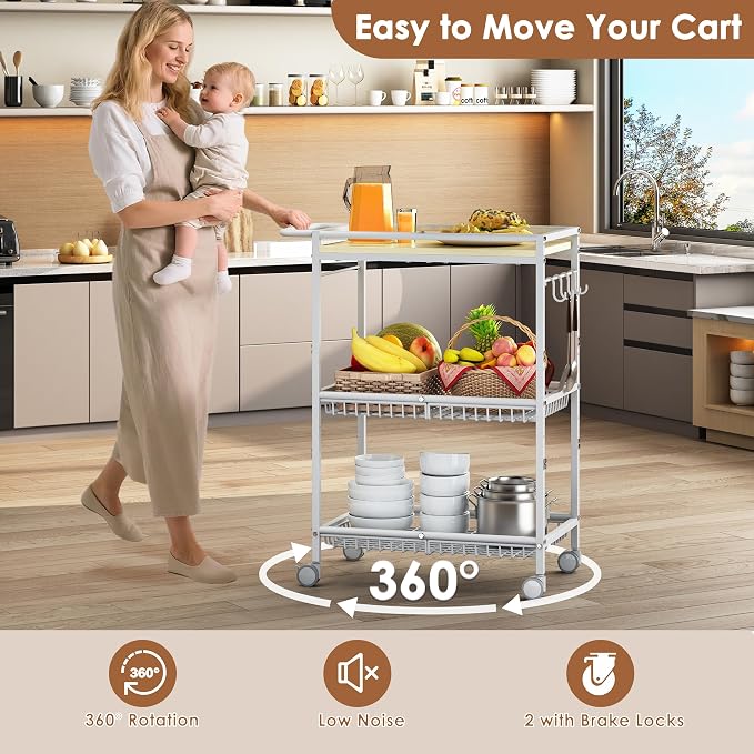Microwave Kitchen Cart, White Kitchen Shelf with Push Handle, 3 Tier Rolling Microwave Table Stand with 2 Lockable Wheels for Bakers Rack, Kitchen Island, Small Coffee Station