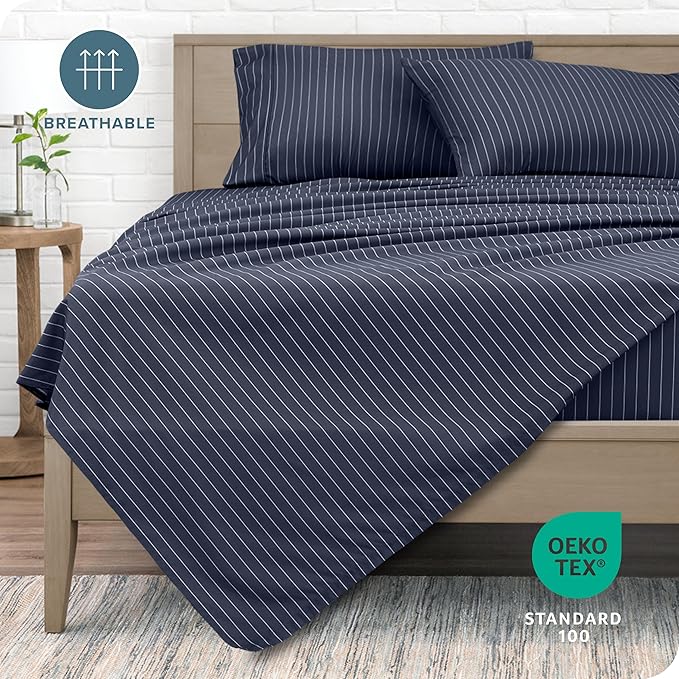 Bare Home Queen Sheet Set - Luxury 1800 Ultra-Soft Microfiber Bed Sheets - Double Brushed - Deep Pockets - Easy Fit - 4 Piece Set - Bed Sheets (Queen, Pinstripe - Midnight/White)