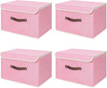 ANMINY 4PCS Storage Bins with Lid PU Leather Handles Storage Boxes PP Plastic Board Decorative Foldable Lidded Cotton Linen Fabric Home Cubes Baskets Closet Organizer Containers - Pink, Large Size