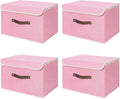 ANMINY 4PCS Storage Bin with Lid Storage Boxes with PU Leather Handles PP Plastic Board Decorative Foldable Lidded Cotton Linen Fabric Home Cubes Baskets Closet Organizer Container - Pink, Medium