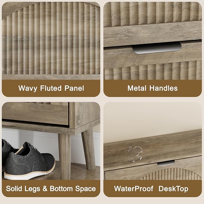 Shoe Storage Cabinet with 4 Flip Drawers, Narrow Wood Shoe Organizer Cabinet with Fluted Panel, Slim Shoe Rack for Entryway, Freestanding Shoe Cabinet for Living Room, Hallway, Grey