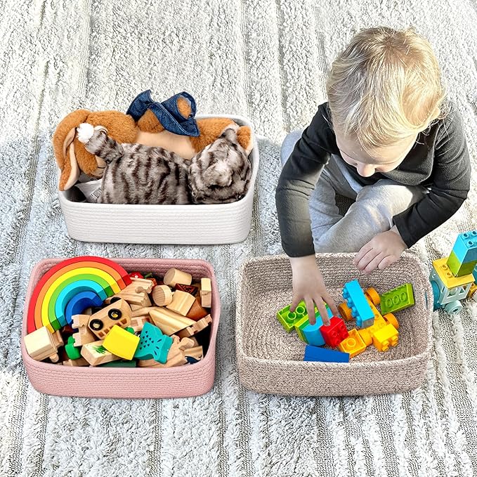 Goodpick Baskets for Organizing, Cube Storage Bin for Decor, 11 x 7 x 4.5 in, Wicker Basket for Organization, Storage Basket for Nursery Organization 3 Pack, Pink