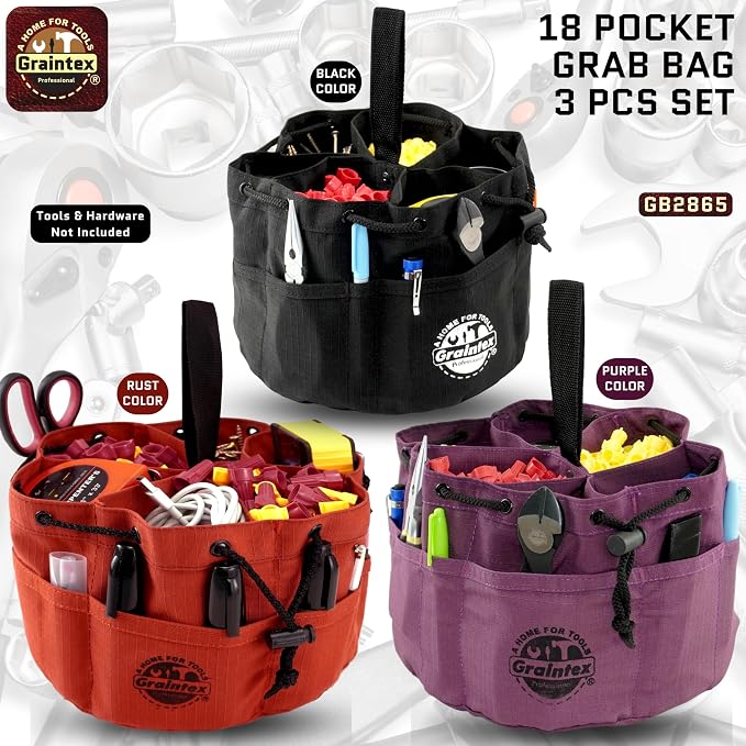 Graintex 18 Pocket Grab Bags Set of 3 Pcs Rip-stop Canvas, Drawstring Closure, Small Parts Organizer Bag, Small Tools, Screws, Parts, Parachute Tool Bag, Parachute Tool Organizer for Essential Items