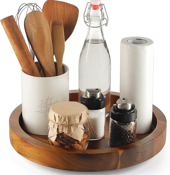 TIDITA 10" Acacia Wood Lazy Susan Organizer for Cabinet - Round Lazy Susans Turntable for Countertop - Wooden Kitchen Rotating Storage Food Bin Container for Centerpiece Table, Spices, Pantry