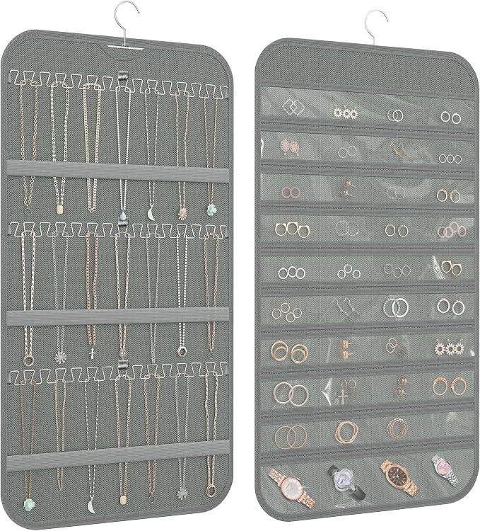 Double-Sided Hanging Jewelry Organizer for Necklaces Earrings, 1-Pack, Grey | Foldable 36 hooks & 40 clear pockets; swivel hook fits walls, doors & rods for earrings, bracelets, rings & small jewelry
