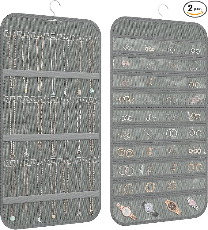 Double-Sided Hanging Jewelry Organizer for Necklaces Earrings, 2-Pack, Grey | Foldable 36 hooks & 40 clear pockets; swivel hook fits walls, doors & rods for earrings, bracelets, rings & small jewelry