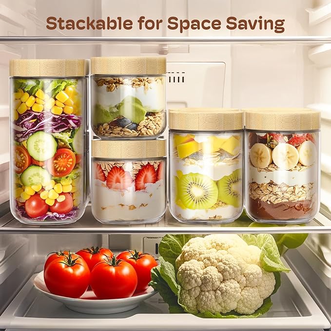 24 oz Glass Overnight Oats Containers, Mason Jars with Bamboo Lids, 4 Pack | Airtight Seal Keeps Leakproof, Wide Mouth for Easy Filling & Cleaning, Ideal for Chia Pudding, Yogurt Parfaits & Meal Prep