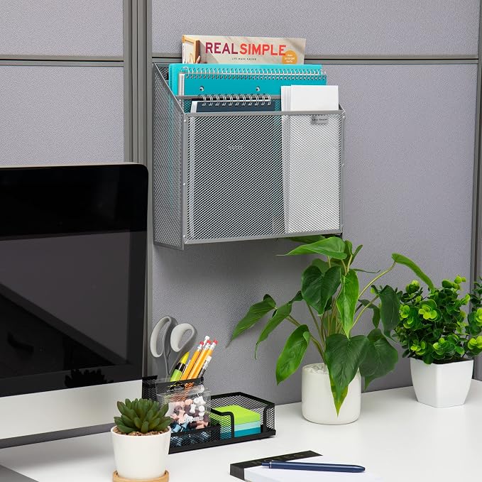 Mind Reader Vertical File Storage, Desktop Organizer, Wall Mount, Office, Metal Mesh, 12.5"L x 3.75"W x 11.5"H, Silver