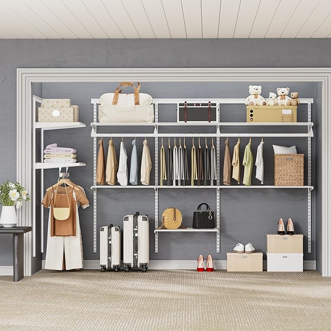 Closet System Wall Mounted 4-10.5 Ft, Heavy Duty Adjustable Wire Shelving with Hanging Rod, Custom Organizer Kit for Bedroom Laundry Mudroom, White