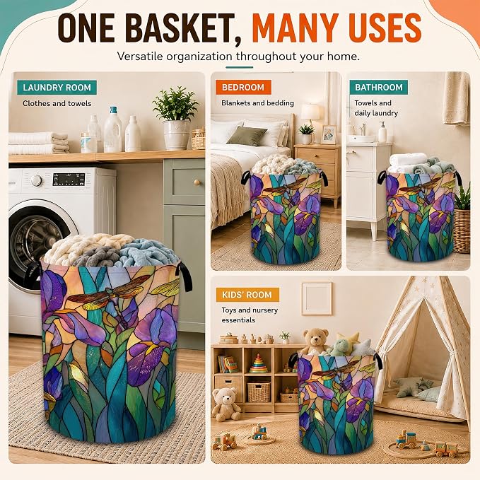 Tulip Dragonfly Glass Laundry Basket,Foldable Oxford Laundry Hamper with Handles,Portable Clothes Tote Bag Clothes Storage Bucket Organizer 20.8" x16" For Bathroom/Laundry Storage/Bedroom