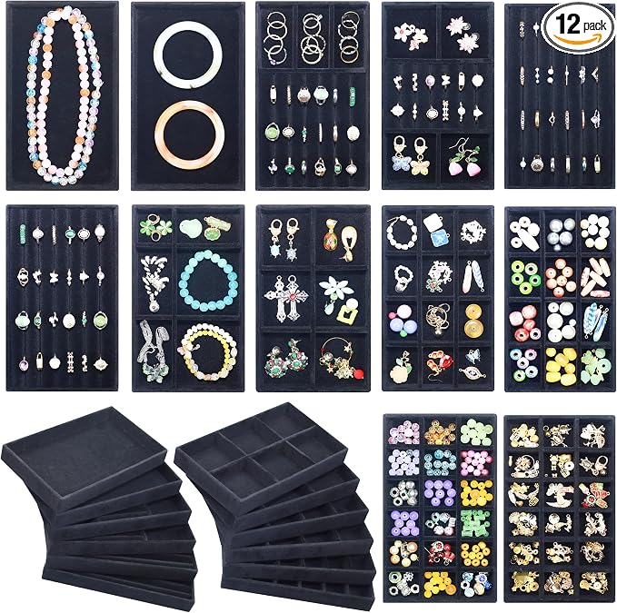 12 Set Jewelry Trays Organizer Stackable Jewelry Display Case Storage Box for Earring Necklace Rings Bracelet Watch, Black
