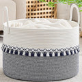 KAKAMAY Cotton Rope Storage Basket (20"x13"),Woven Hamper for Blankets,Toys,Pillows,Clothes,Laundry,Sturdy Handles Decorative Basket for Living Room, Bedroom,Nursery(Blue Printing)