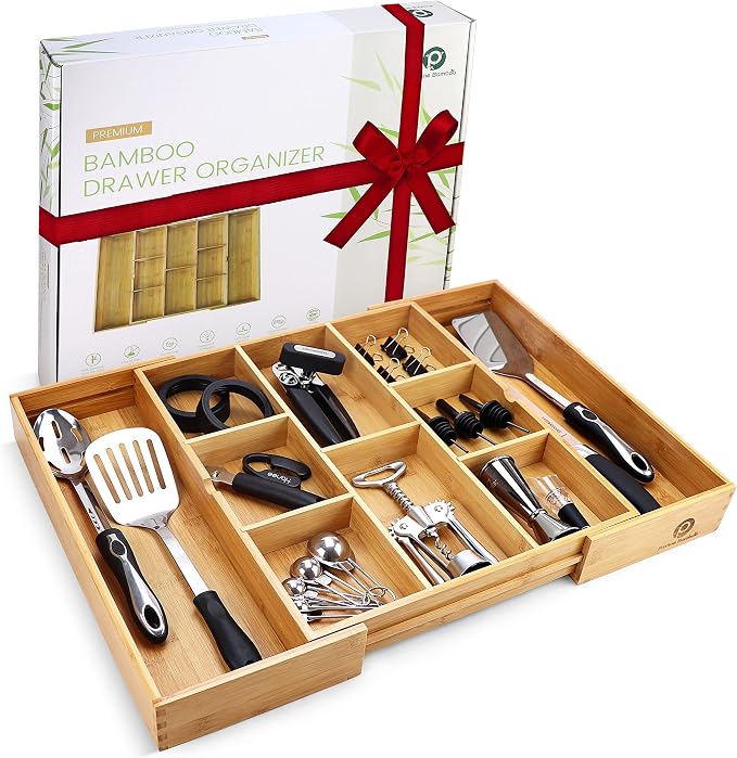 Pristine Bamboo Expandable Drawer Organizer, 10-Slot, Dark Brown | Extra Deep Non-Slip Kitchen Drawer Organizer, 17"x14.6" Expands to 25", Dark Wood Silverware Divider for Utensils