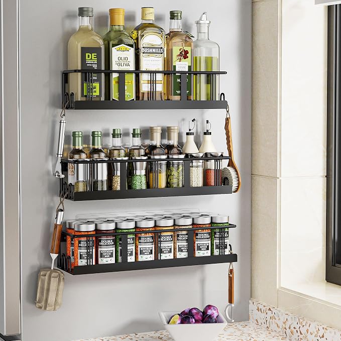 Bunoxea Spice Rack Wall Mounted 4 Pack,RV Spice Rack,Black | 16 Built-in Hooks,2 Versatile Sizes, Space-Saving,Flat Base, Screw or Adhesive, For Kitchen Cabinet, Pantry Door,Stove,RV