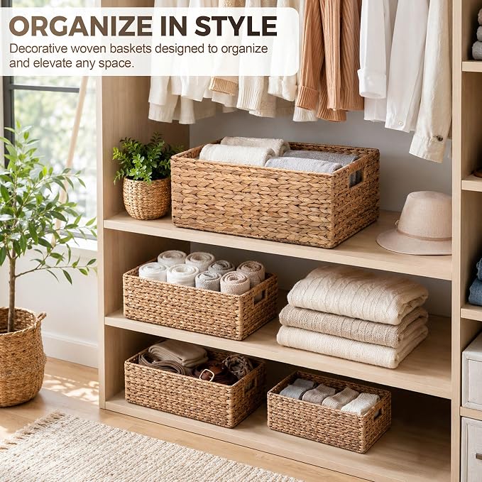M4DECOR Set of 4 Water Hyacinth Storage Baskets for Shelves – Handwoven Wicker Baskets for Organizing, 4 Sizes (S/M/L/Jumbo)