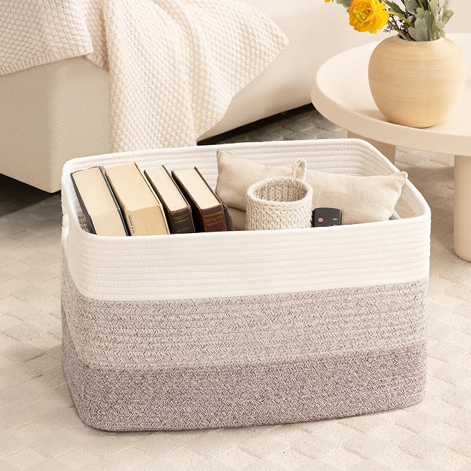 72L Large Woven Laundry Basket Hamper with Handles, Gradient Brown | 22"x17"x12", collapsible wicker hamper, storage for dirty clothes, toys, blankets, gifts, living room, bedroom, bathroom