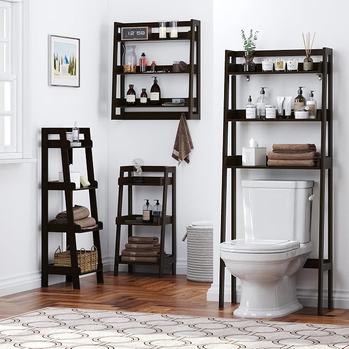 UTEX Behind Toilet Bathroom Organizer, 3-Tier Wood Ladder Shelf, Espresso | FSC-certified MDF, Modern Open Ladder-style Design, Raised Side Guards, Adjustable Lower Crossbar, 33-Inch Clearance