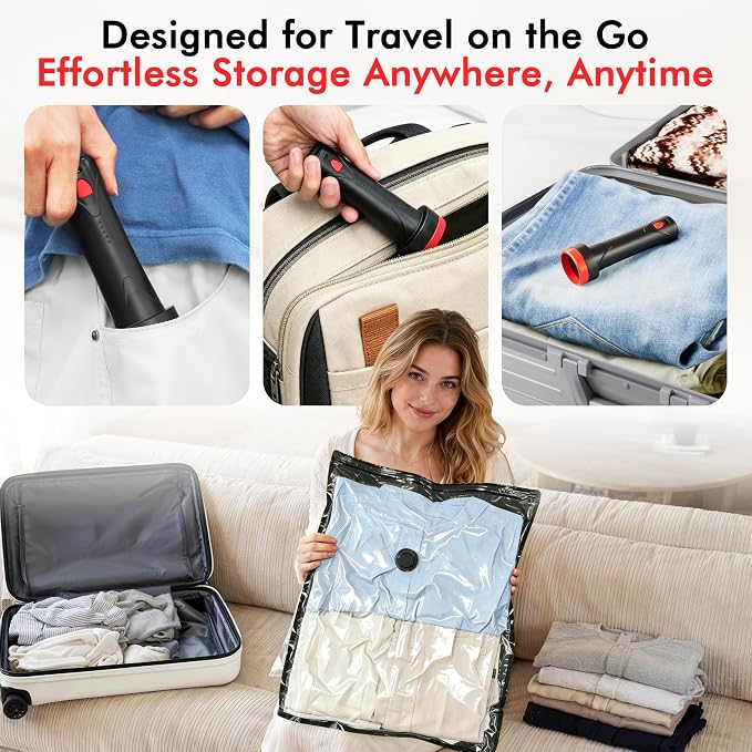 MEIQIHOME 10 Pack PackEase Travel Vacuum Bags 1500mAh Wireless Pump, 80% Compression Space Saver for Luggage, Clear PA+PE Reusable Seal Bags for Clothes, Portable Electric Air Pump for Travel & Home