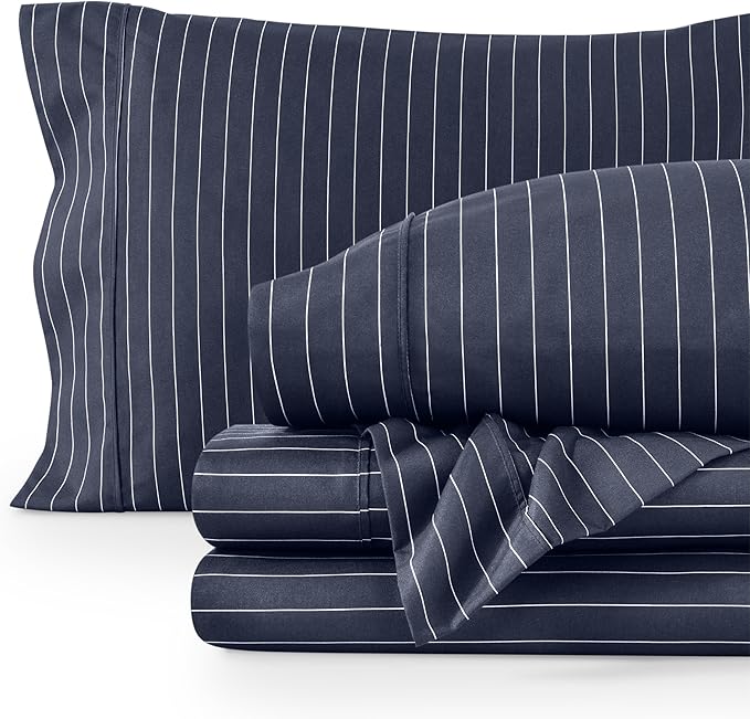 Bare Home Queen Sheet Set - Luxury 1800 Ultra-Soft Microfiber Bed Sheets - Double Brushed - Deep Pockets - Easy Fit - 4 Piece Set - Bed Sheets (Queen, Pinstripe - Midnight/White)