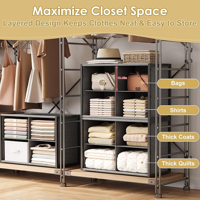 8-Cube Stackable Closet Storage & Organization Systems, 2-Pack Metal Shelf | Reinforced Fabric & MDF Panels Provide Sturdy Support for Sweaters, Jeans, Towels, Blankets and Bags in Bedrooms, Closets