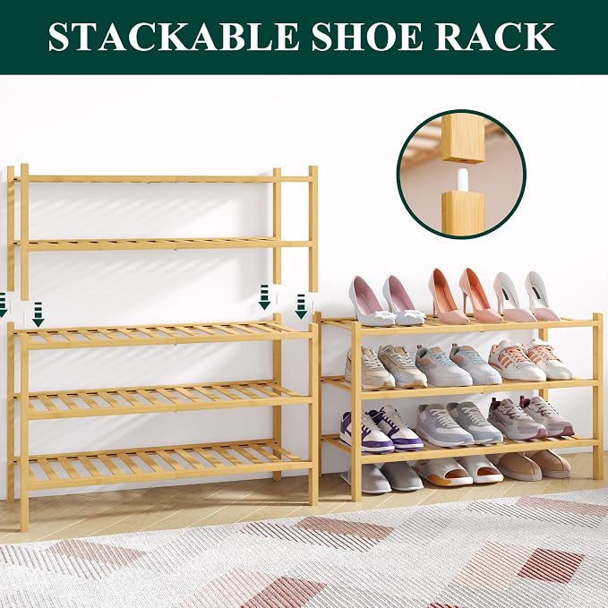Smiry Bamboo Shoe Rack for Closet, 2 Tier Wooden Shoe Organizer, Stackable Wood Shoe Storage Shelf for Entryway, 14 Vertical Slats, One-piece Heavy-Duty Legs, 26.77"x11.02"x12.99", Natural