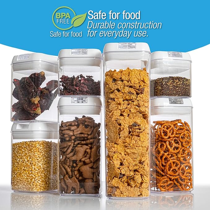 Set of 7 Airtight Food Storage Containers - Pantry Organizer Bins, BPA Free Plastic Containers plus Dry Erase Marker and Labels, Black