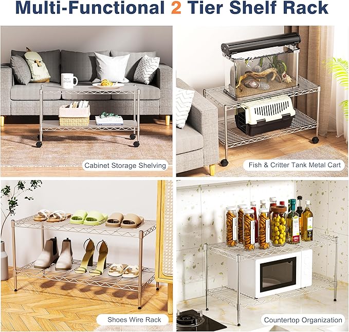 2-Tier Heavy Duty Shelving Unit,Wire Shelf Rack with Lockable Wheels | 36" Wx18 Dx19.5H,Height Adjustable Metal Storage Shelves Organizer for Living Room,Garage,Kitchen,Office,Laundry,Pantry