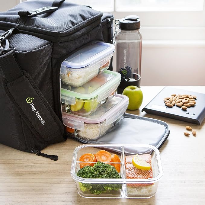 PrepNaturals 4 Pack 34 Oz Glass Meal Prep Containers - Dishwasher Microwave Freezer Oven Safe - Glass Storage Containers with Lids (Multi-Compartment) | Borosilicate Glass Meal Prep Containers - Airtight Leak-Resistant Lids, Microwave, Oven & Freezer S...