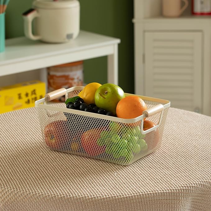 Basicwise Set of 3 Medium Multipurpose Metal Mesh Basket with Wooden Handle Storage Organizers for Kitchen Bathroom Cabinet Closet Countertop Fruit Holder Picnic Food & Beverages Carrier & Home Decor
