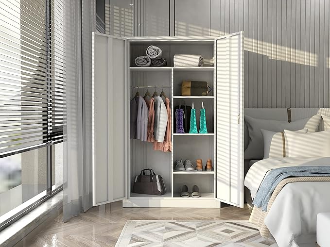 MIIIKO Steel Wardrobe Cabinet with 2 Doors, White Metal Locker Cabinet for Storage with Hanging Rod and 4 Shelves, Lockable Metal Closet for Bedroom, Cloakroom and Home Office