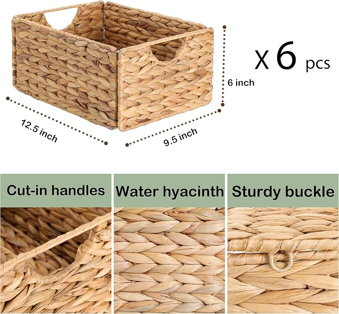 Water Hyacinth Pantry Baskets Set of 6, 12.5 x 9.5 x 6in Wicker Storage Baskets for Shelves, Pantry Baskets Organization, Bathroom Shelves Storage Basket