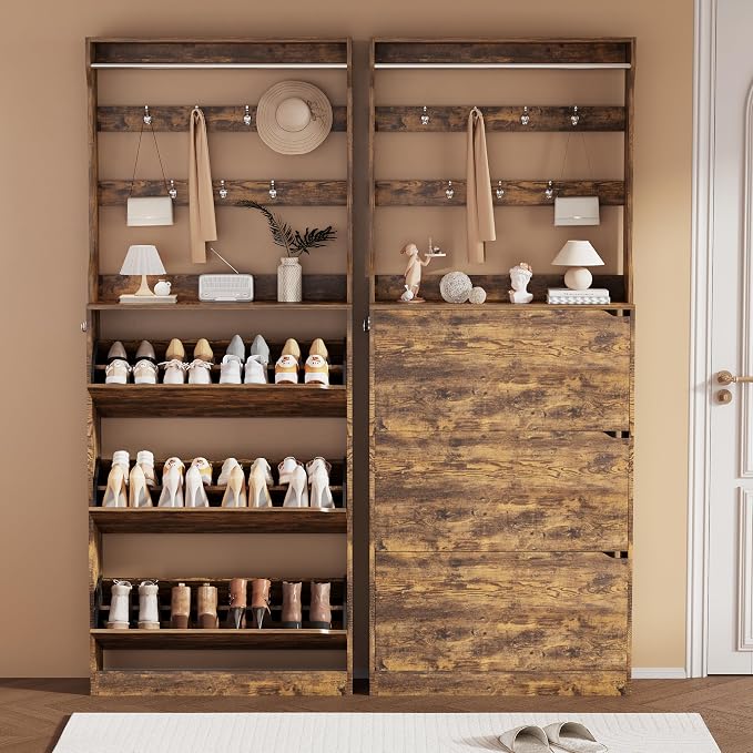 Shoe Storage Cabinet, Wood Shoe Organizer for Entryway with 3 Flip Drawers, Freestanding Shoe Rack with Adjustable Shelf, Narrow Shoe Dresser for Front Door Entrance (Brown, Tall 3 Drawers)