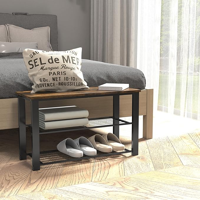 Simple Houseware Wood Top Shoe Storage Bench for Entryway, Rustic Brown