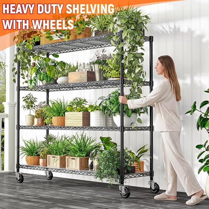 48" W Storage Shelves 1500LBS Metal Shelving Unit with Wheels, Adjustable Garage Shelving Heavy Duty Wire Rack with Liners for Pantry Warehouse Commercial Office, 48" W x 18" D x 76.77" H