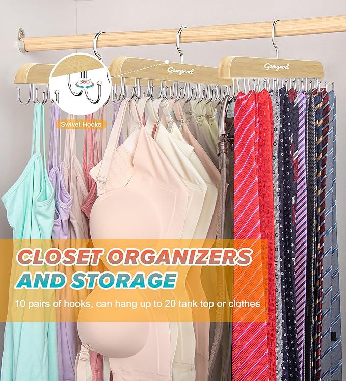 Gomyrod Bra Hanger for Closet, Tank Top Hangers 2 Pack w/20 Hooks Holds 40 Bras, Capacity Foldable Wood Space Saving Hanger, 360°Rotating Closet Organizers and Storage for Dorm & Apartment | Premium Wood Space Saving Hanger, 360°Rotating Closet Organiz...