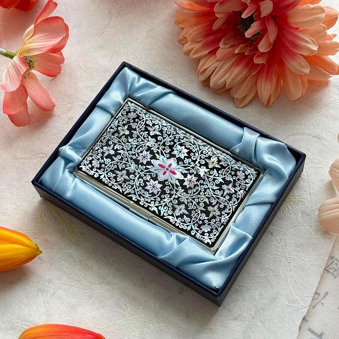 Mother of Pearl Business Card Case Credit Id Name Holder Travel Wallet Art Painting Design Metal Stainless Steel Engraved Slim Purse Pocket Cash Money Wallet (New Arabesque)