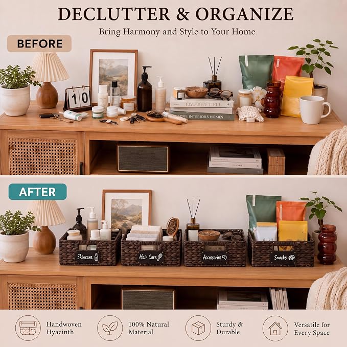 Nitial Wicker Storage Basket, Rectangular Water Hyacinth Storage Basket for Shelving, Foldable Woven Pantry Organizer with Chalkboard Label and Chalk Marker(16 x 12 x 5 Inch,Dark Brown)
