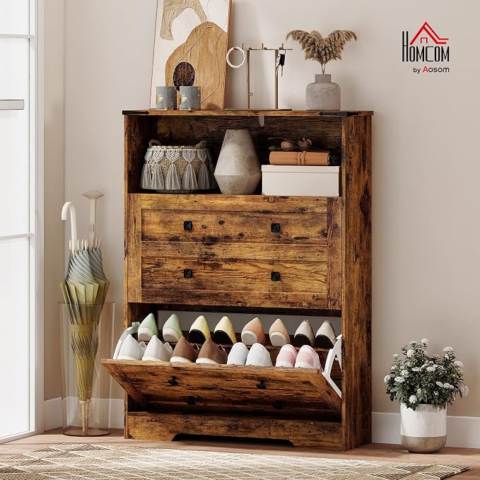 HOMCOM Shoe Cabinet with 2 Flip Drawers, Narrow Shoe Storage Cabinet with Adjustable Shelves and Open Shelf, Farmhouse Storage Organizer for Entryway, Hallway, Holds 12-16 Pairs, Rustic Brown