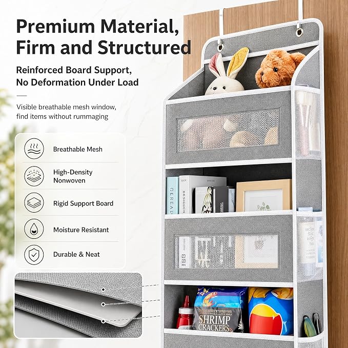 FUSHITON Over The Door Organizer with Anti-Tilt Design, 5 Shelf Hanging Grey Storage Rack Holds 44lb, Large Capacity Pockets for Bedroom Bathroom Pantry Nursery
