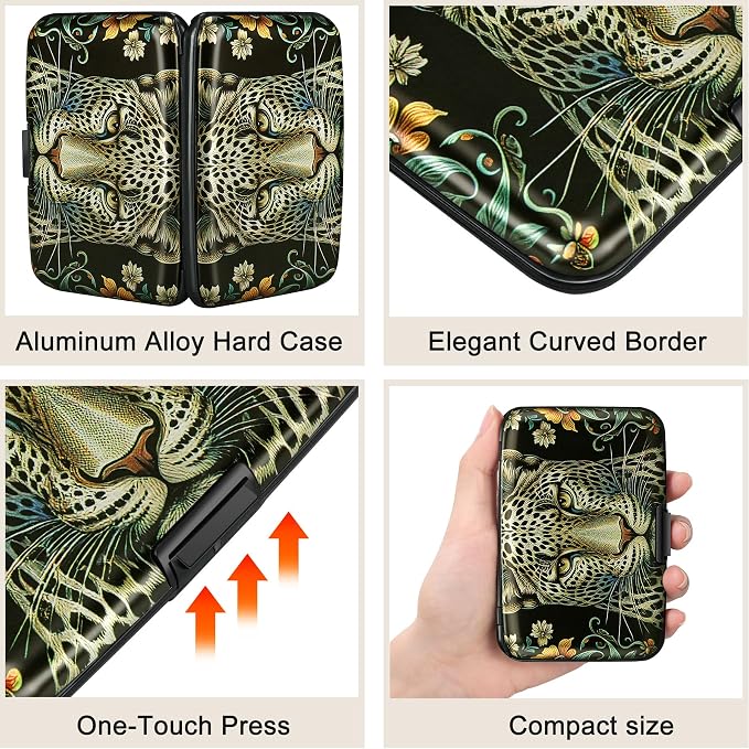 ELFISH Mini RFID Aluminum Wallet Credit Cards Holder Business Card Case Metal ID Case for Men Women(Black Leopard)