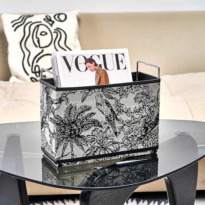 Leather Magazine Holder Rack Floor Basket for Bathroom & Living Room | No-assembly sturdy organizer in textured tapestry jacquard & leather. Randomly cut jungle pattern (no two are alike).