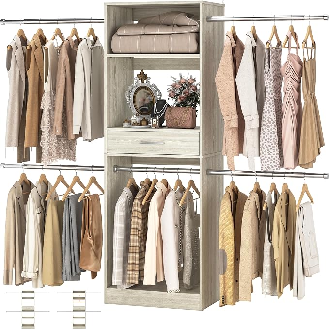 Unikito 96” Closet System, 8FT Walk in Closets Organizer Kit with 4 Extendable Hanging Rods and Drawer, Adjustable Wood Garment Rack, Sturdy Closet Insert, Easy Assembly, Max Load 1000 LBS, White Oak